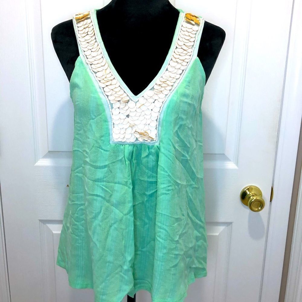 Liv Los Angeles mint green beaded tank blouse